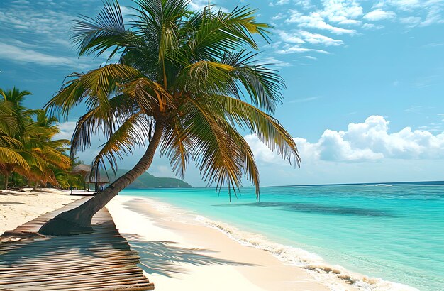 Tropical beach paradise with a lone palm tree on sandy shore and clear turquoise sea under a blue sky with fluffy clouds