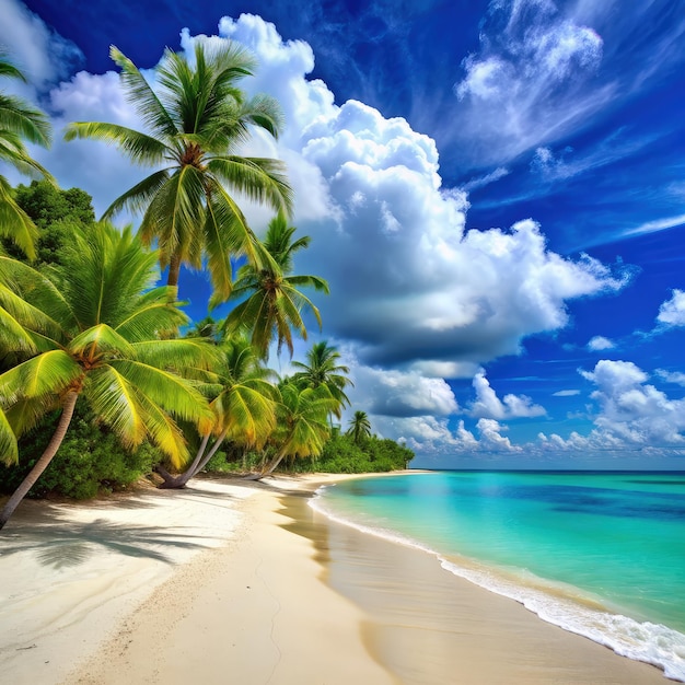 Tropical Beach Paradise With Palm Trees and Crystal Clear Waters on a Sunny Day Generative AI