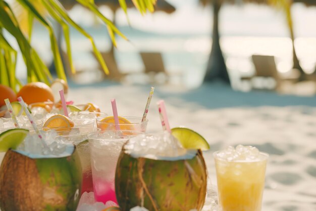 Photo tropical beach refreshments with cocktails in coconut shells and fresh fruits