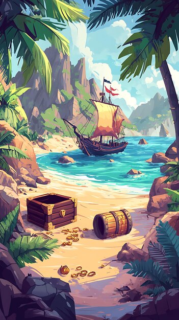 A tropical beach scene featuring a pirate ship treasure chests and lush greenery