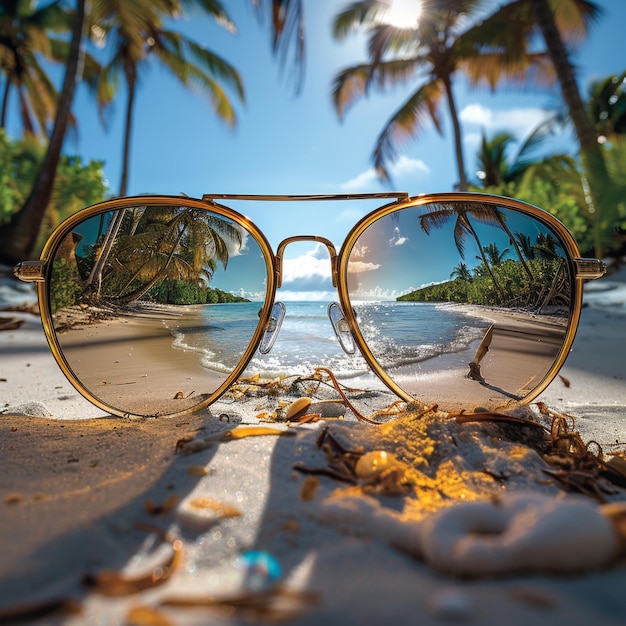 Photo tropical beach scene seen through sunglasses