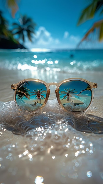 Photo tropical beach scene seen through sunglasses