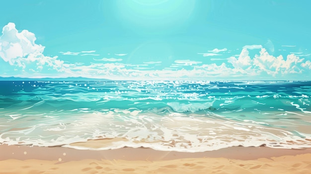 Tropical beach scene with clear sky Digital artwork of a sandy beach clear turquoise waters and white clouds