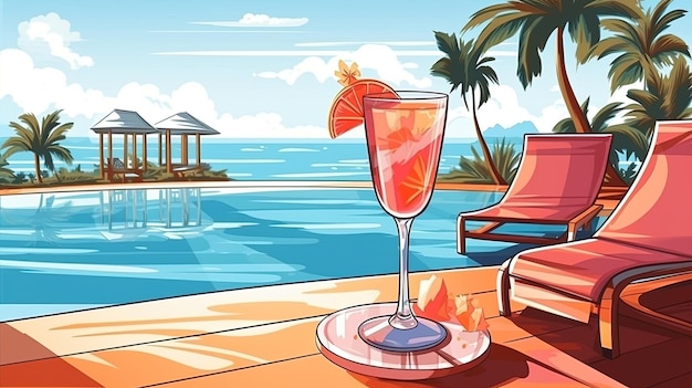 a tropical beach scene with a cocktail and a beach chair