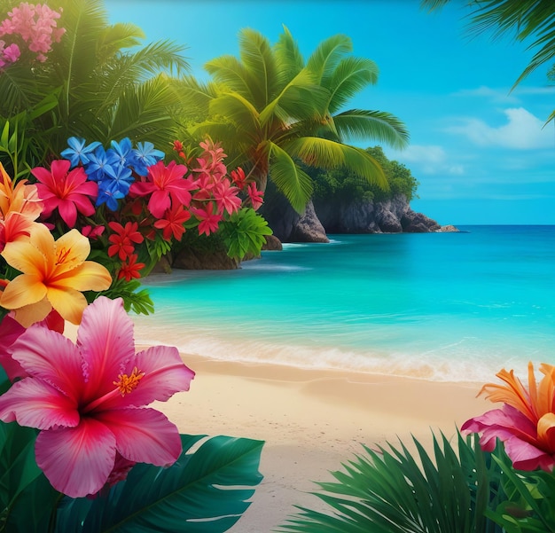 a tropical beach scene with flowers and palm trees