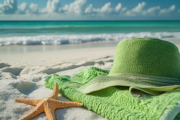 A tropical beach scene with a green towel hat and starfish on white sand ar 32 v 61 Job ID dfec9fbb940440f7b6d94a432d1c516c