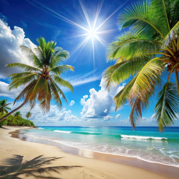 Photo tropical beach scene with palm trees and bright sunshine generative ai