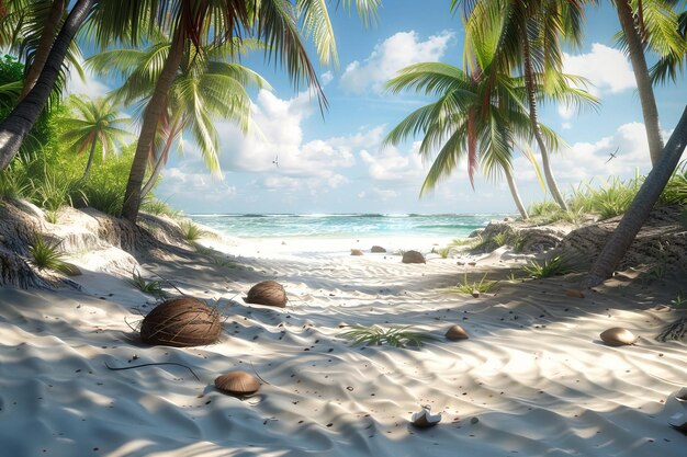 Tropical beach scene with palm trees coconuts and blue sky Sandy shore leading to serene ocean waves under a bright sunny sky