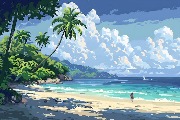 Tropical Beach Scene with Palm Trees and Person Walking