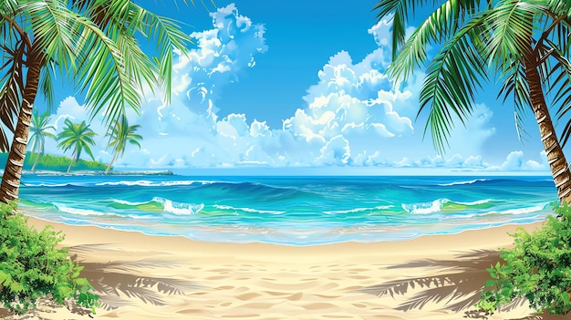 Tropical beach scene with palm trees turquoise water and white sand