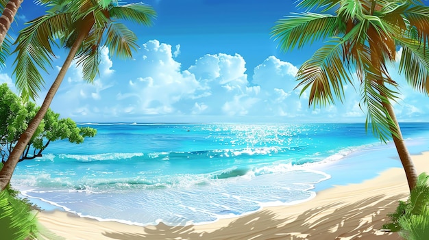 A tropical beach scene with palm trees and turquoise water