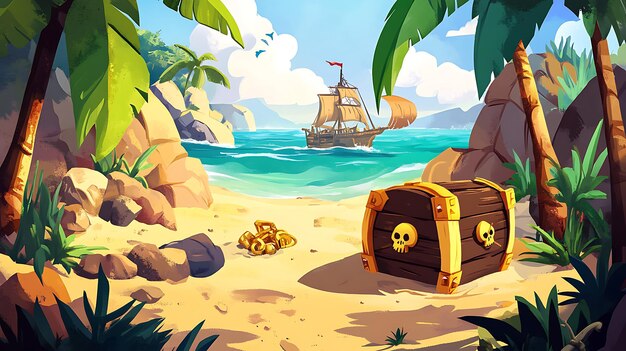 Photo a tropical beach scene with a treasure chest gold coins and a ship in the background