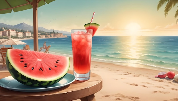 a tropical beach scene with watermelon and a glass of water