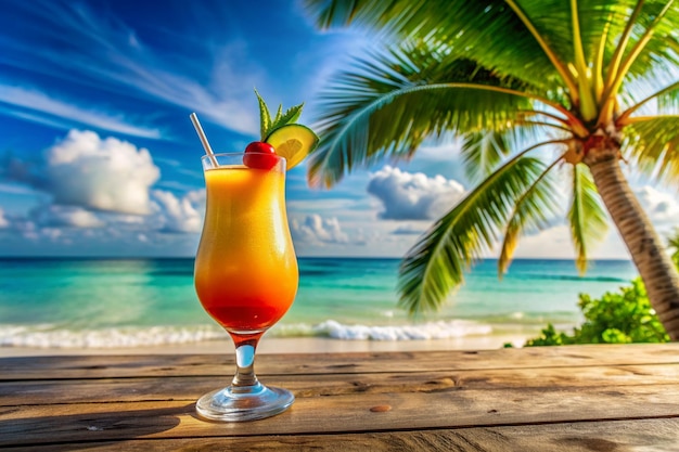 Tropical beach setting with a refreshing glass of Hurricane cocktail