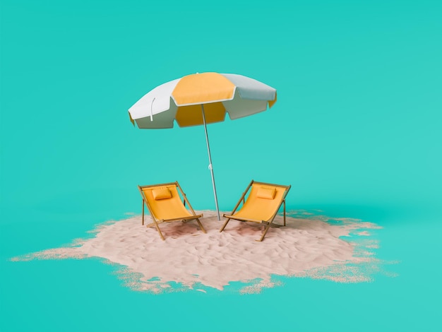 Tropical Beach Setting with Sun Loungers and Umbrella on Sand