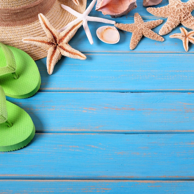 Tropical beach summer starfish flip flops background border