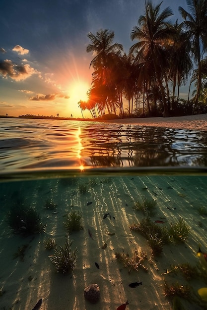 A tropical beach and the sun is shining through the water and the sky is orange.