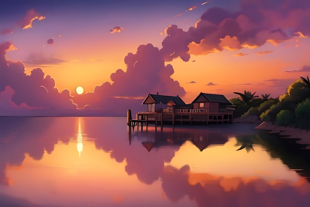 tropical beach sunset anime view