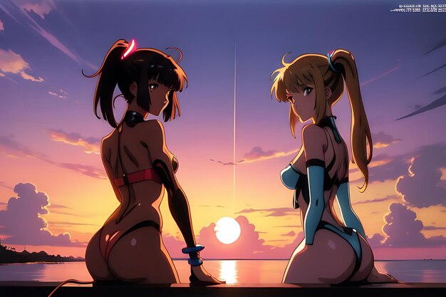 tropical beach sunset anime view