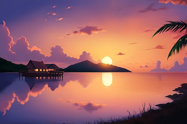 tropical beach sunset anime view