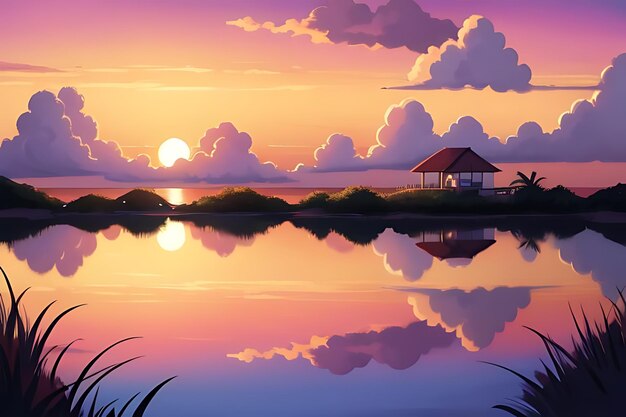 tropical beach sunset anime view