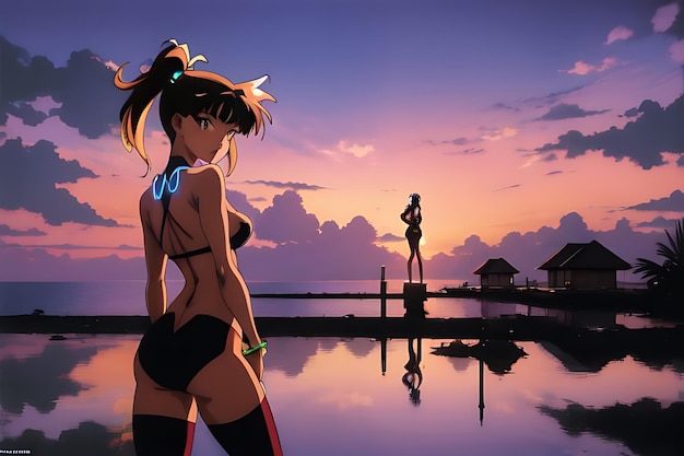 tropical beach sunset anime view