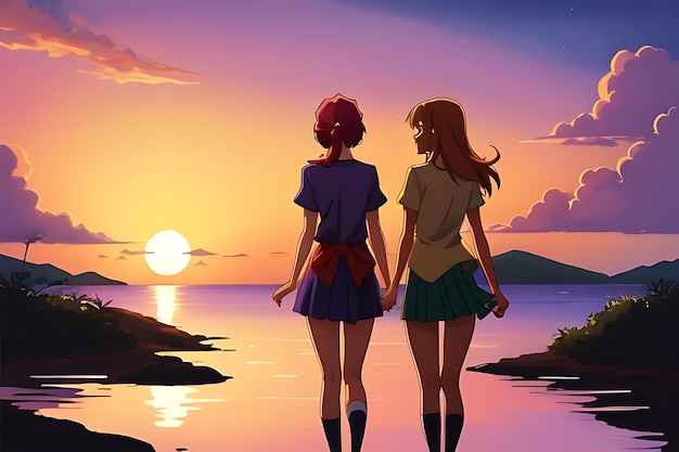 tropical beach sunset anime view