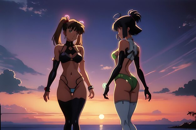 tropical beach sunset anime view