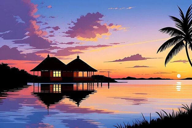 tropical beach sunset anime view