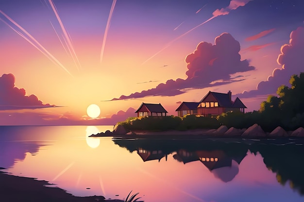 tropical beach sunset anime view