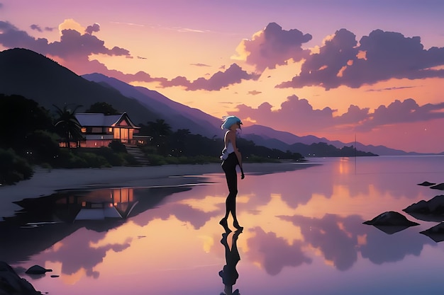 tropical beach sunset anime view