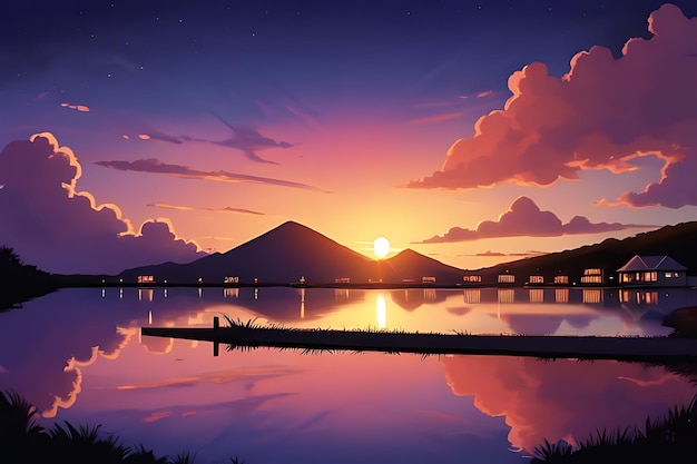 tropical beach sunset anime view