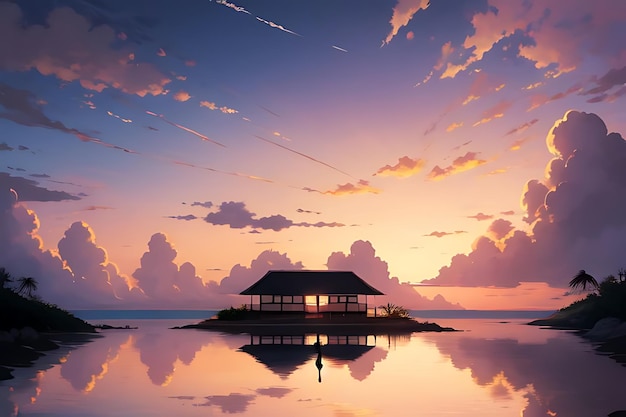 tropical beach sunset anime view