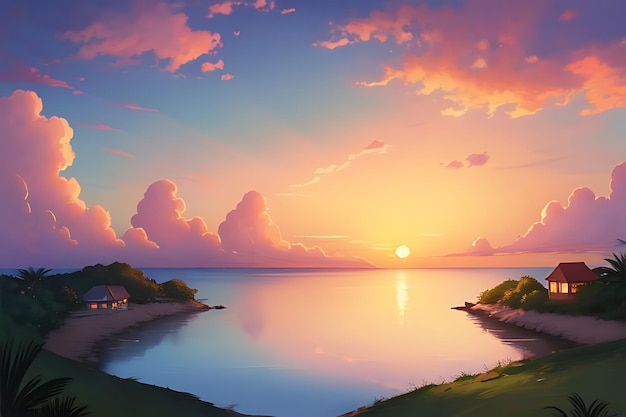 tropical beach sunset anime view