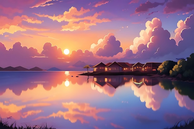 tropical beach sunset anime view