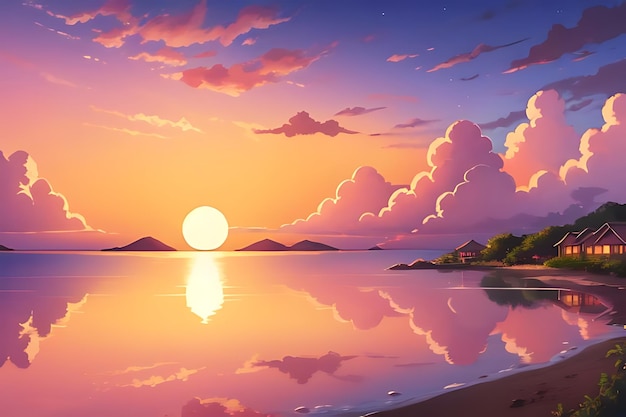 tropical beach sunset anime view