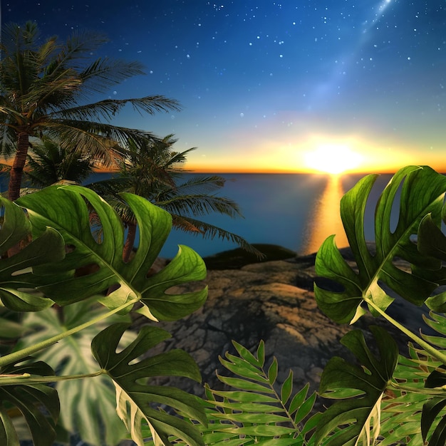 Tropical beach at sunset ,beach sand blue green sea sun flares and palm trees  leaves travel