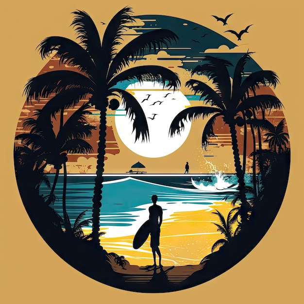 Tropical beach and surfer man silhouette AI generated landscape sunset background Summer vacation travel Hawaii surfing leisure on tropical island beach wallpaper with palms surfer on beach