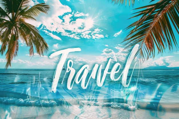 Photo tropical beach travel inspiration with palm leaves and turquoise ocean