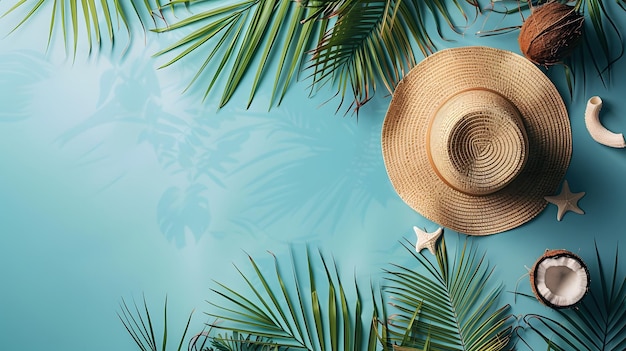 Tropical beach vacation flatlay gradient light blue background straw sun hat palm leaves coconut sof