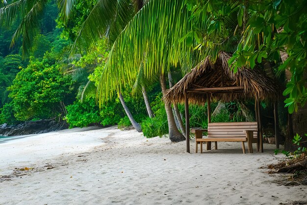 Photo tropical beach with bamboo hut and lush greenery stock photo