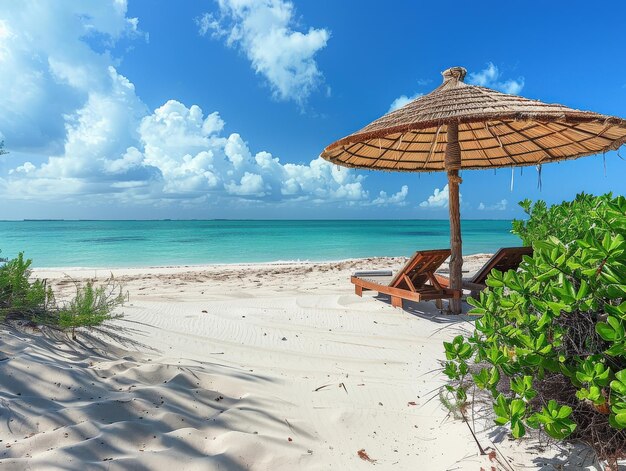 Photo tropical beach with bamboo umbrella