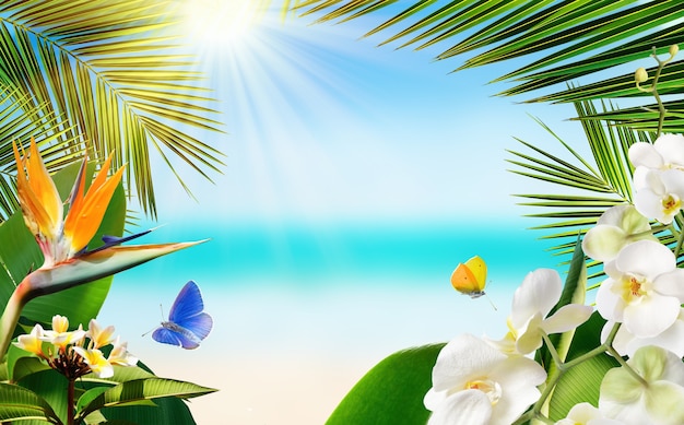 Tropical beach with blurred sea background and surrounded by palm leaves tropical plants and flowers with flying butterflies. Travel or vacation summer background.