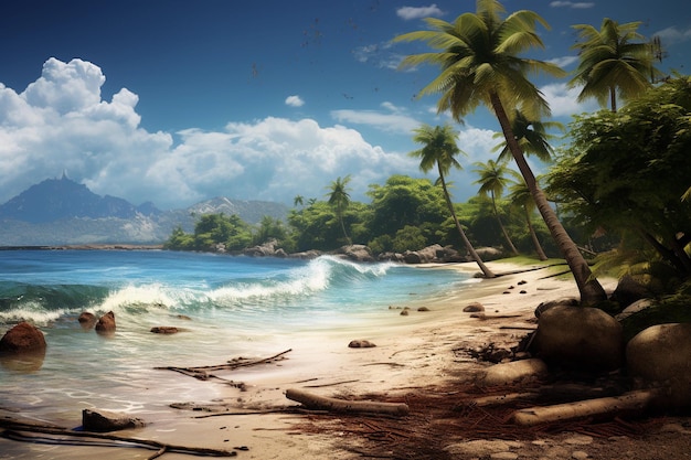 tropical beach with coconut palm trees and blue sky in retro style