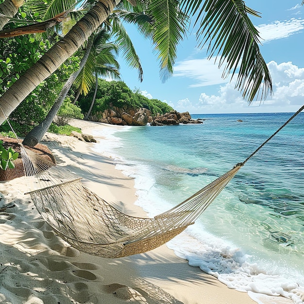 A tropical beach with crystalclear water palm trees and a hammock swaying in the breeze