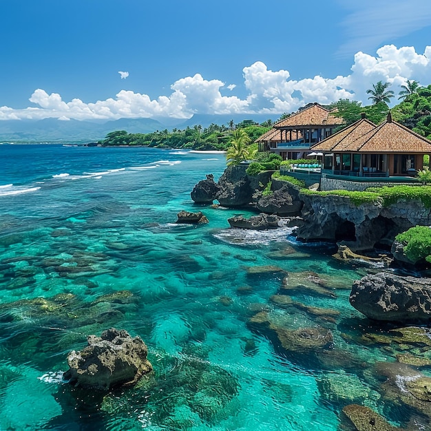 a tropical beach with a house on the left and a palm tree on the right