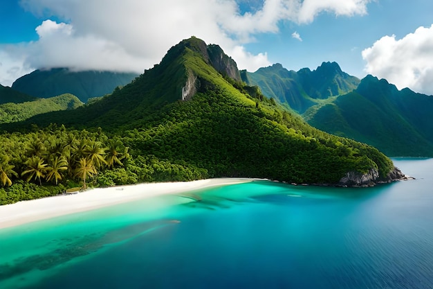 a tropical beach with mountains in the background