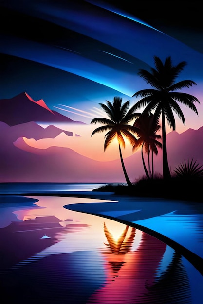 A tropical beach with mountains and palm trees.