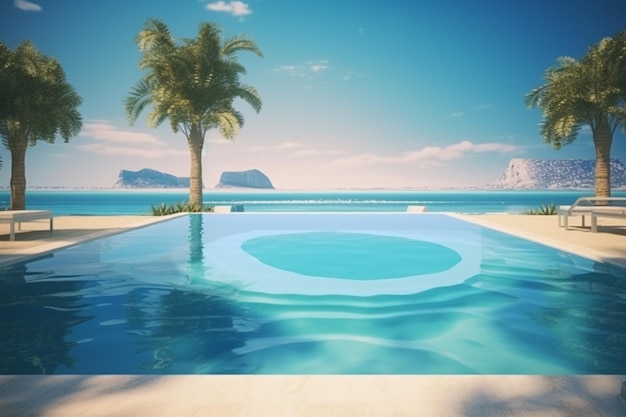 A tropical beach with a palm tree and a pool with a blue sky in the background.