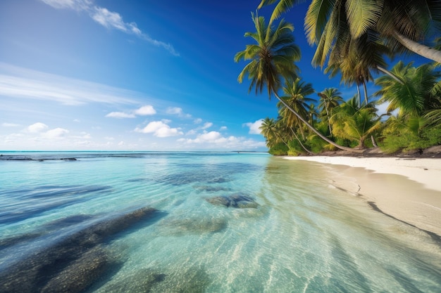 Tropical beach with palm trees and azure blue ocean in the background created with generative ai